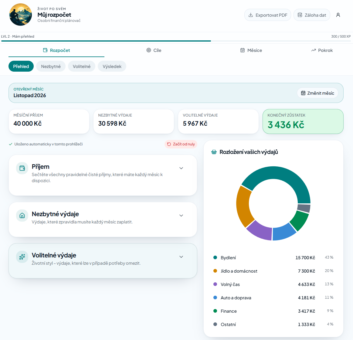 Skutečný screenshot aplikace Můj rozpočet – přehled příjmů, výdajů a grafů