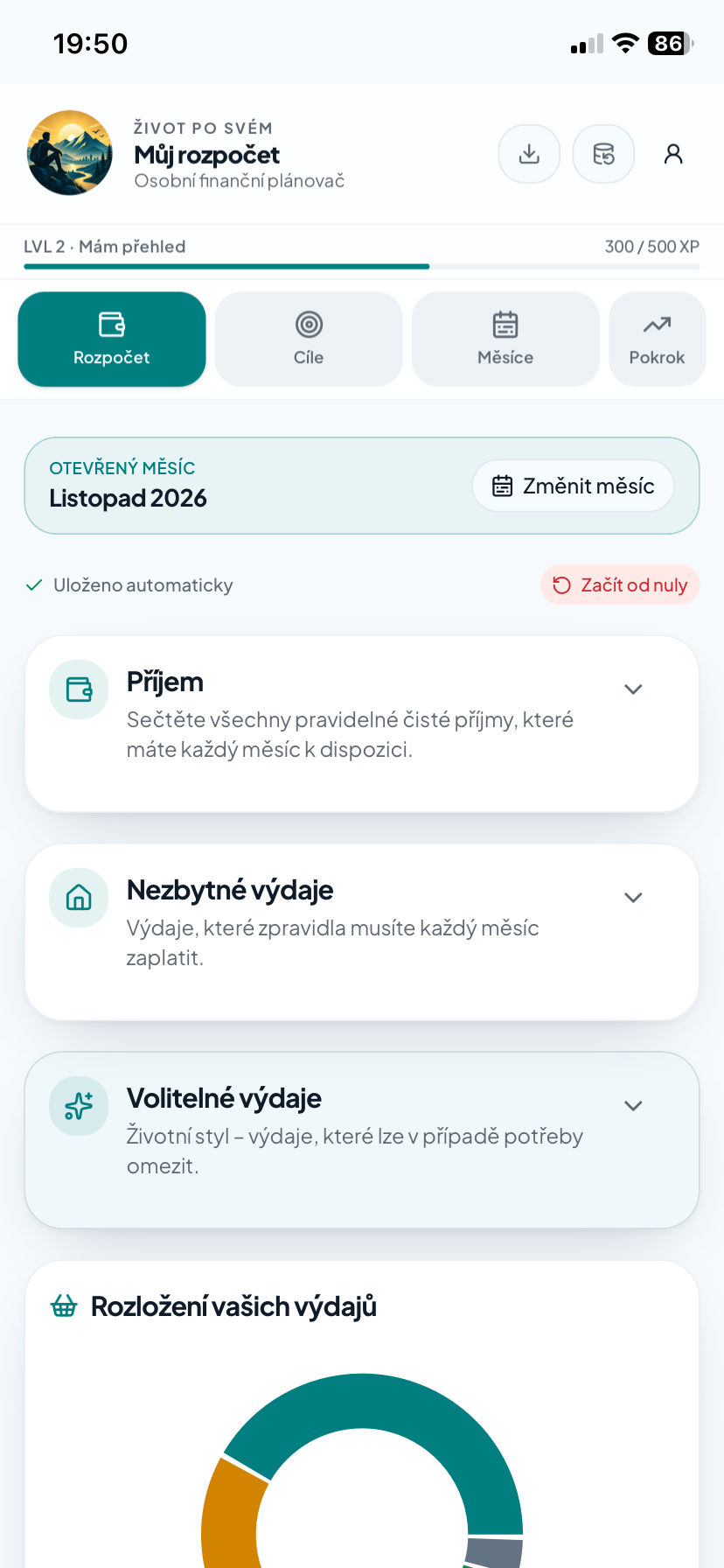 Skutečný screenshot aplikace Můj rozpočet – přehled příjmů, výdajů a grafů
